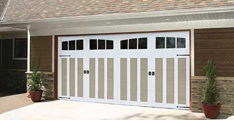 Carriage Court Newberry Design, Sandstone & White Finish,, & Canterbury Hardare Carriage Court Garage Doors, Over the Top Garage Doors