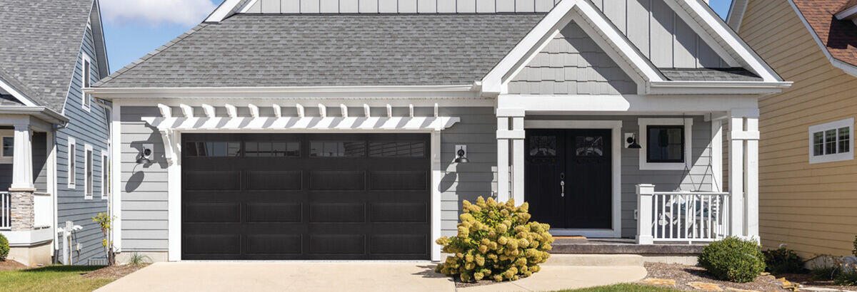 Classic Steel Model 8000, Ranch Design, Black Finish, Stockbridge II Windows Classic Steel Garage Doors 8000 - 8200, Over Top Garage Doors