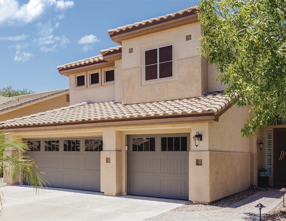 Designer Steel-8310, Ridgefield Panel Design, Terra Bronze Finish, Stockbridge Windows Designer Steel Garage Doors, Albuquerque Over the Top Doors