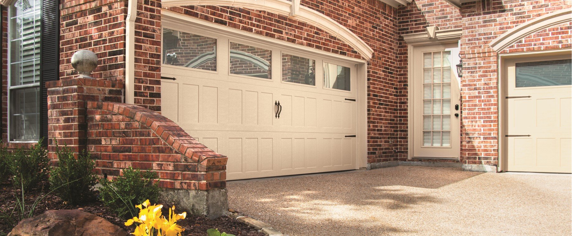 Designer Steel-8310, Riverton Panel Design, Almond Finish, Plain Windows Designer Steel Garage Doors, Albuquerque Over the Top Doors
