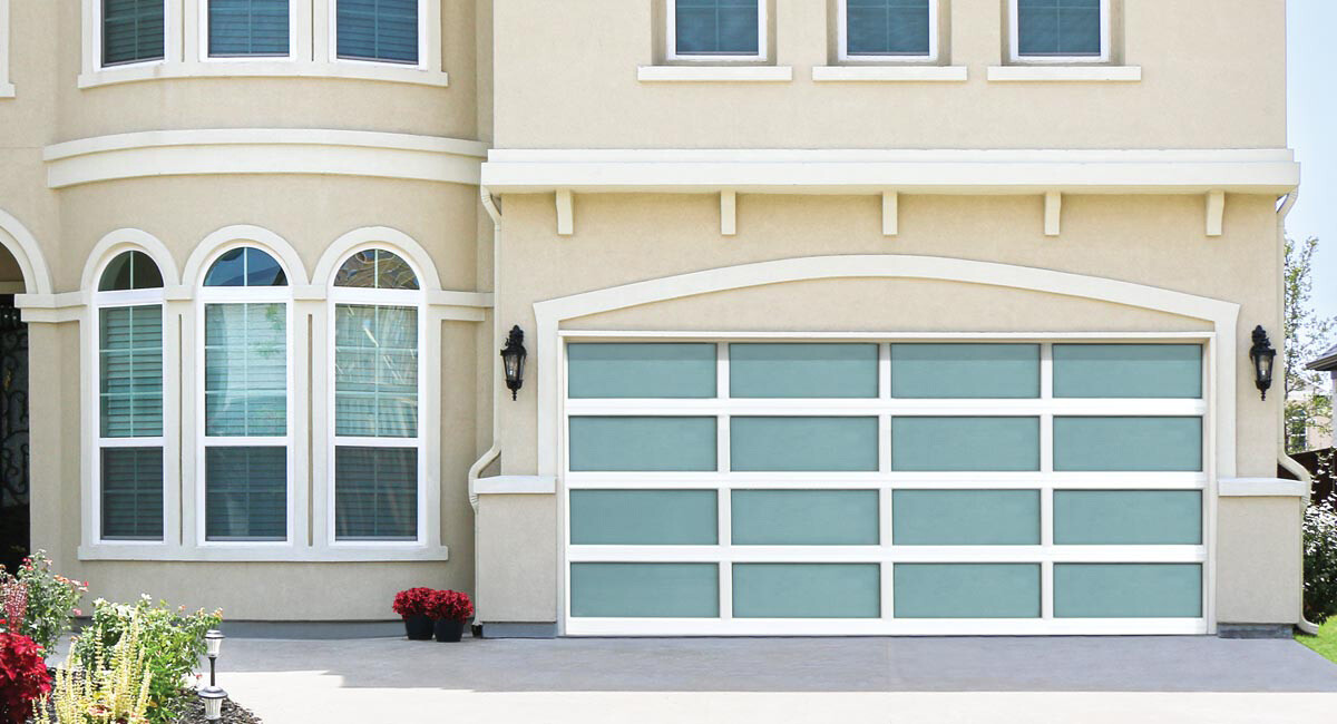 Wind Load Aluminum, Model 8855, White Finish, Satin Etched Windows Modern Glass Garage Door Gallery – Over the Top Garage Doors, Albuquerque